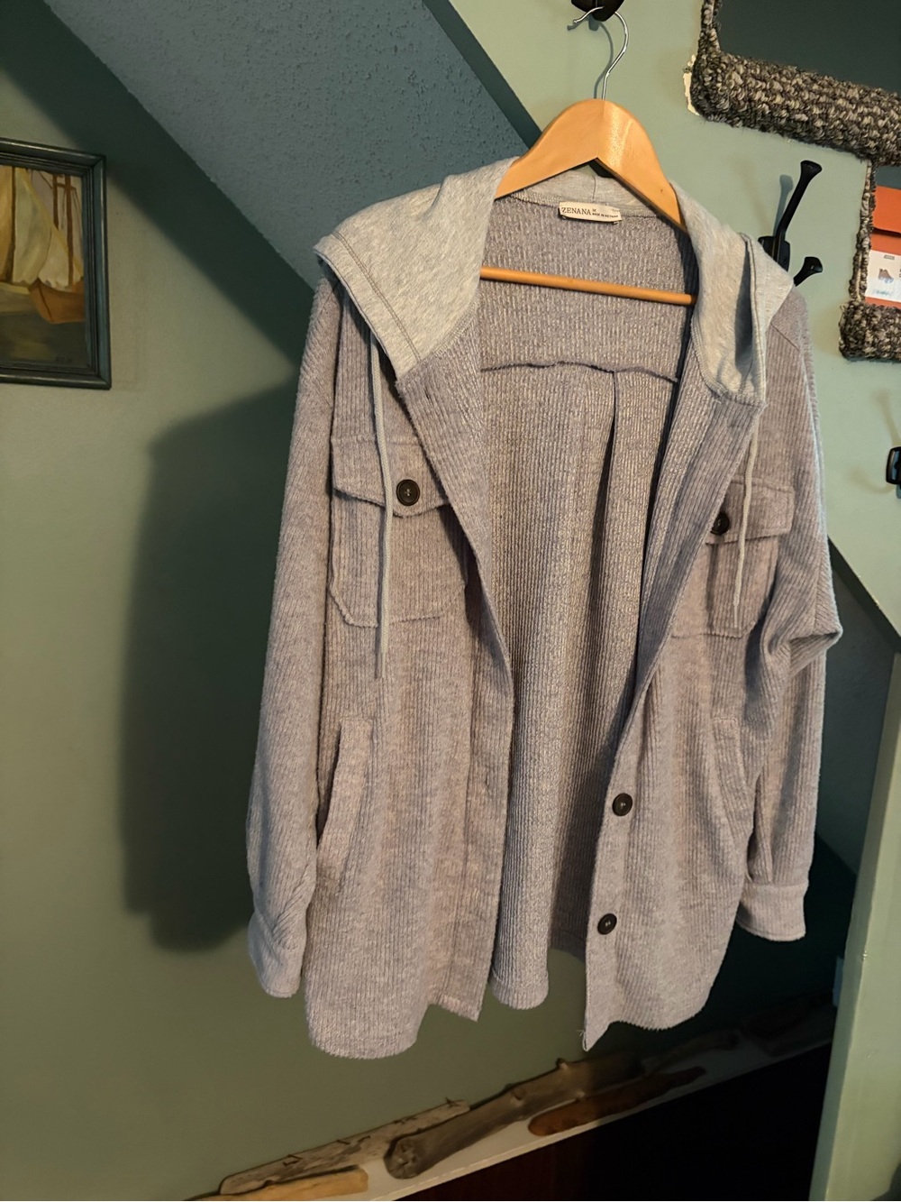 Zenana Outfitters Light Gray Hooded Knit Utility Jacket